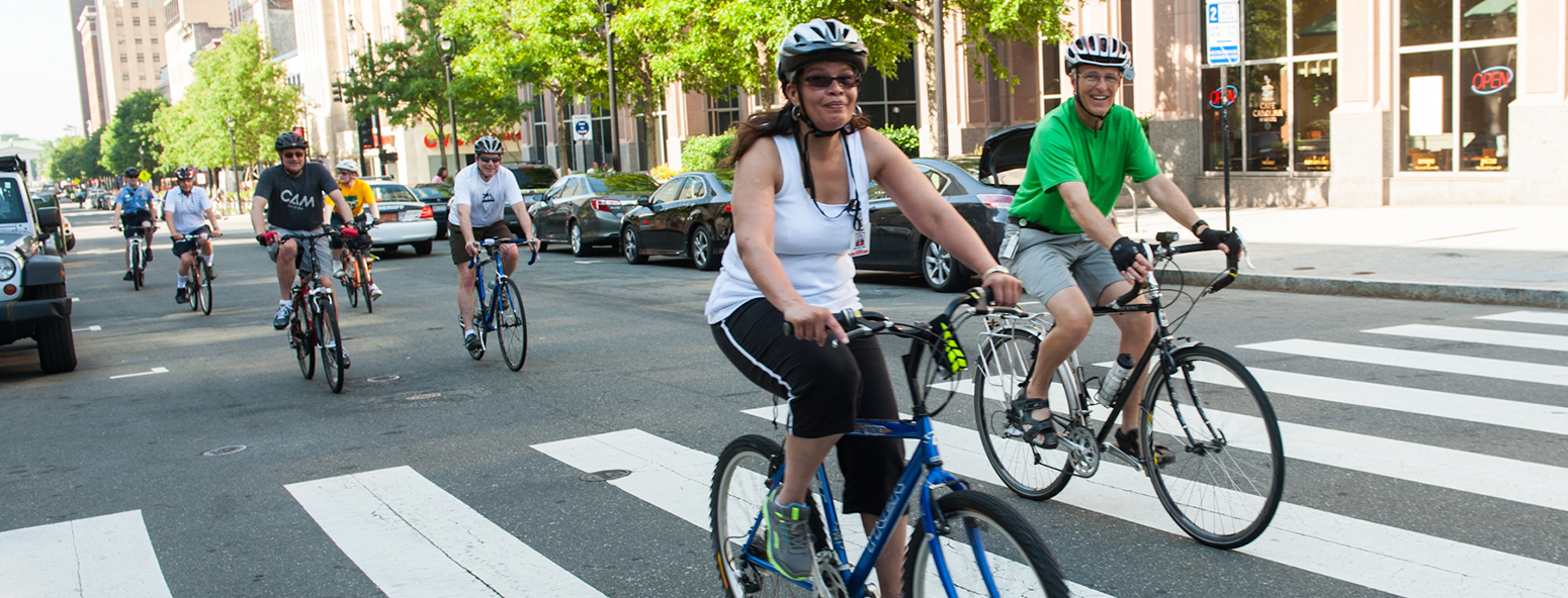 Bicyclists ride on a path in North Carolina.