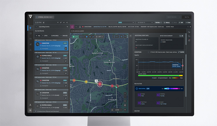 Valerann Lanternn interface showing AI‑generated alerts and live sensor data used for roadway monitoring.