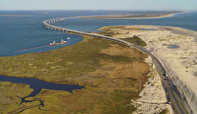 Aerial view of the Basnight Bridge at the Outer Banks