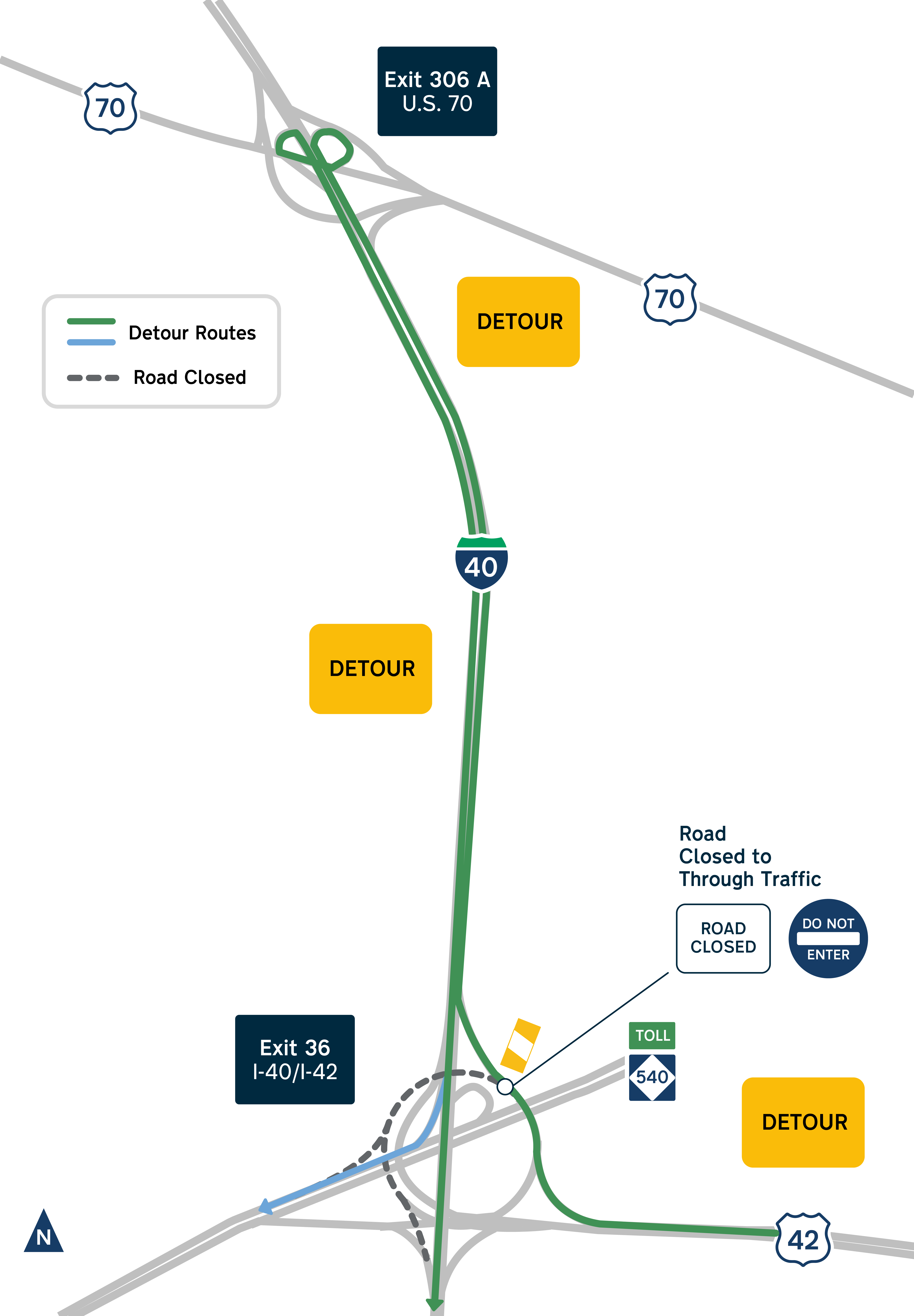 Detour route for I-42 westbound in turbine closure
