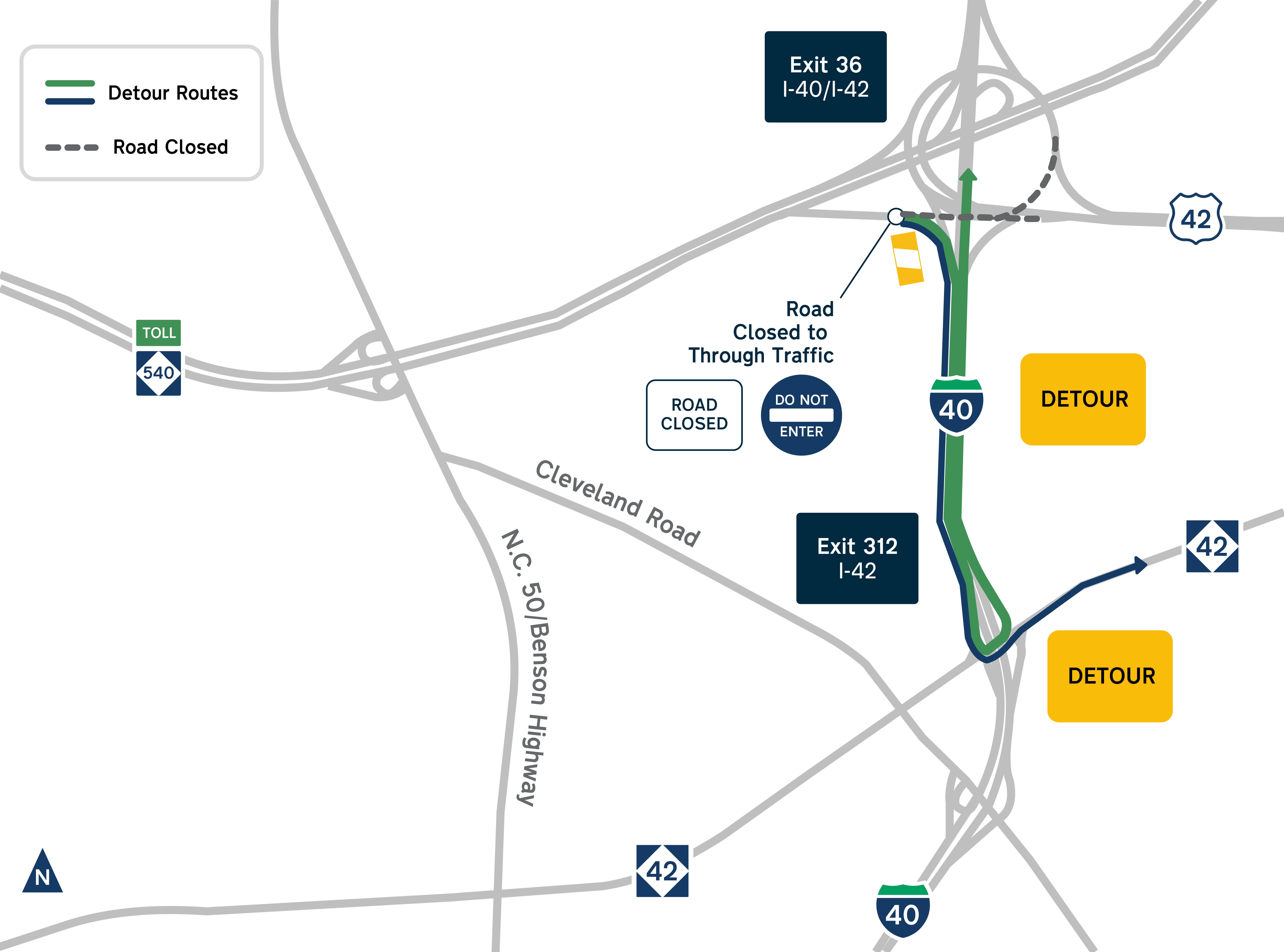 Detour route for all traffic exit 36 closure