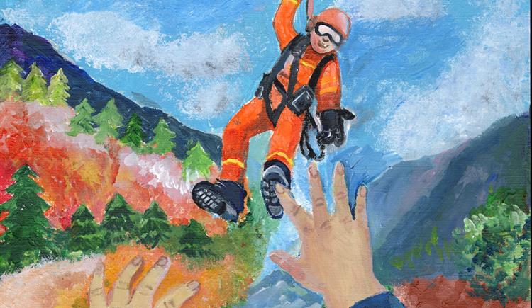 A person in an orange rescue outfit is being lifted by a helicopter with a visible cross symbol, flying over a scenic landscape 