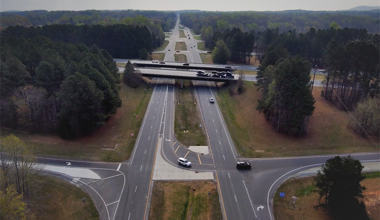 ​Aerial image of the superstreet interchange at Interstate 85 and U.S. 64 in Lexington.