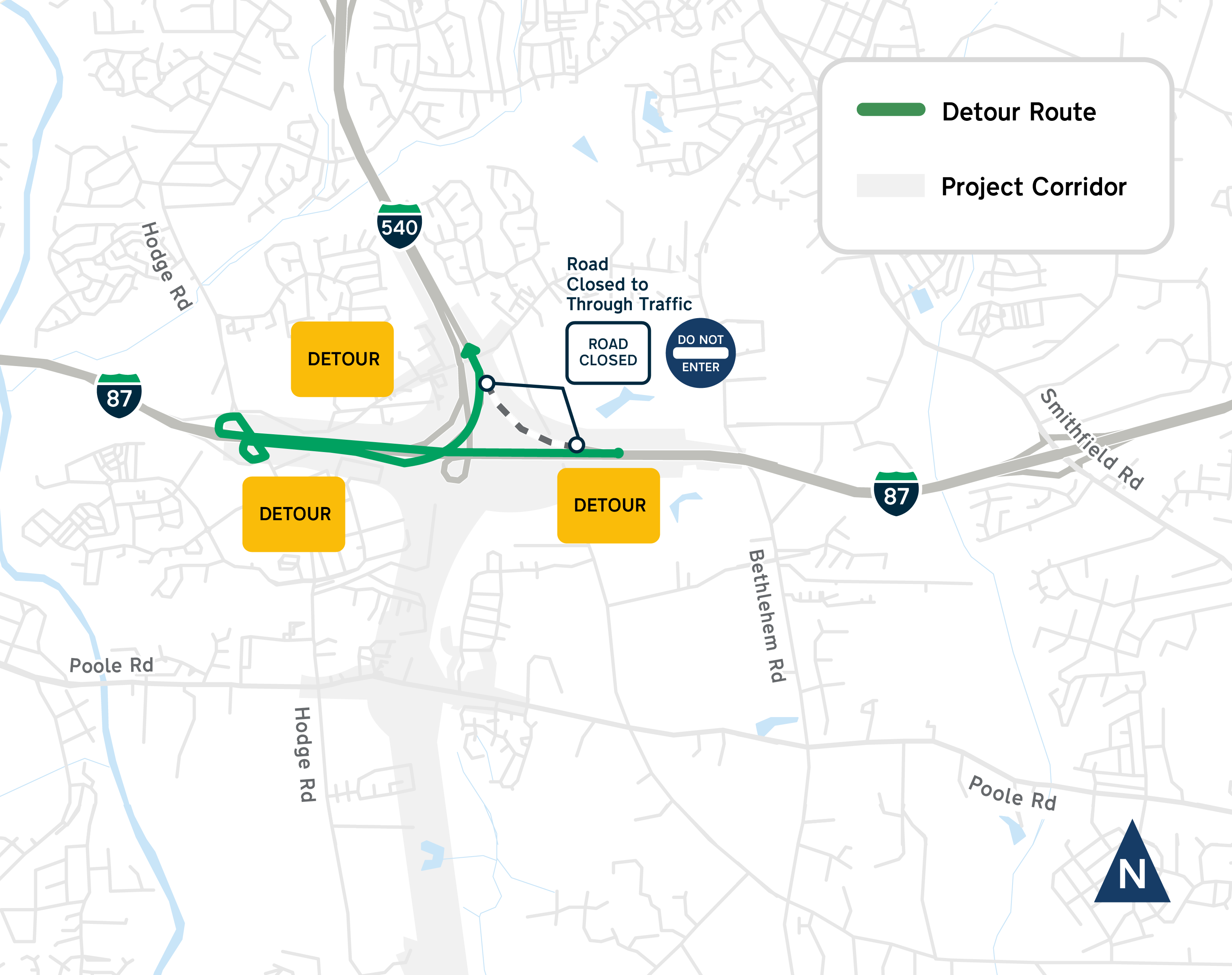 Map of the Complete 540 Phase 2 project near the I-87 interchange outlining the detour route for the Exit 7 ramp closure.