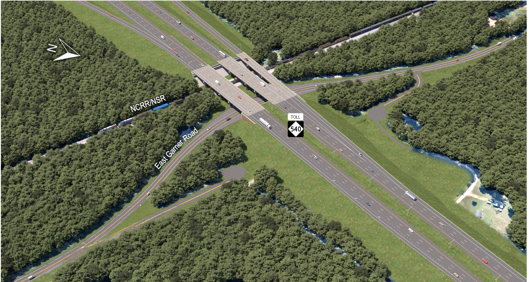 Rendering of the innovative bridge design that allowed the Complete 540 project to reduce the East Garner Road closure 