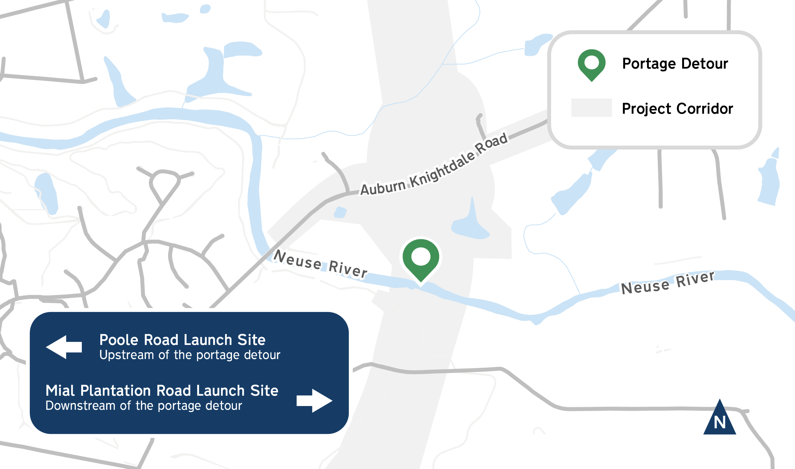 Map showing a Neuse River portage detour location within the Complete 540 project corridor.