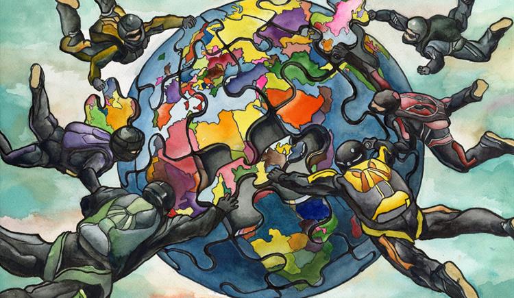 Amy Lee's artwork of skydivers piece together the earth in a colorful image created by the Cary high school student. 